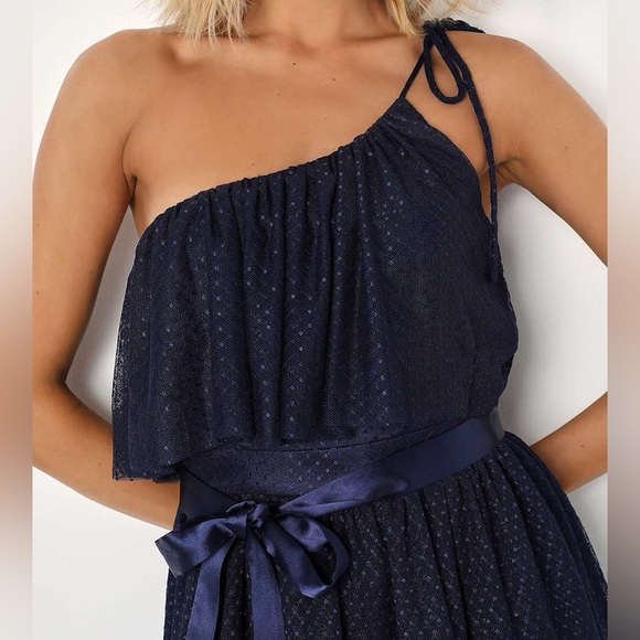 Lulus- NWT Navy Mesh One-Shoulder Mini Dress size Small - Picture 3 of 16